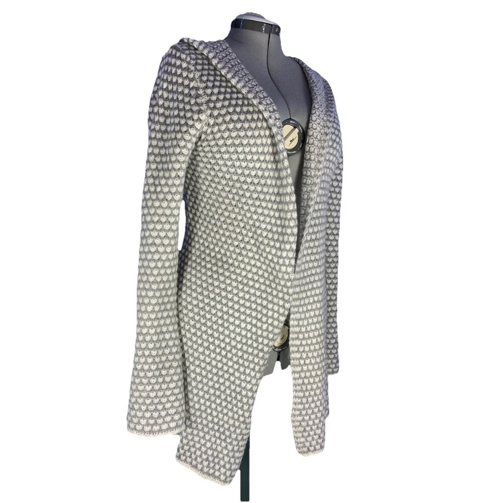 Baciano Duster Cardigan, Gray and White, Size S Crochet Bell Sleeves Boho Beachy